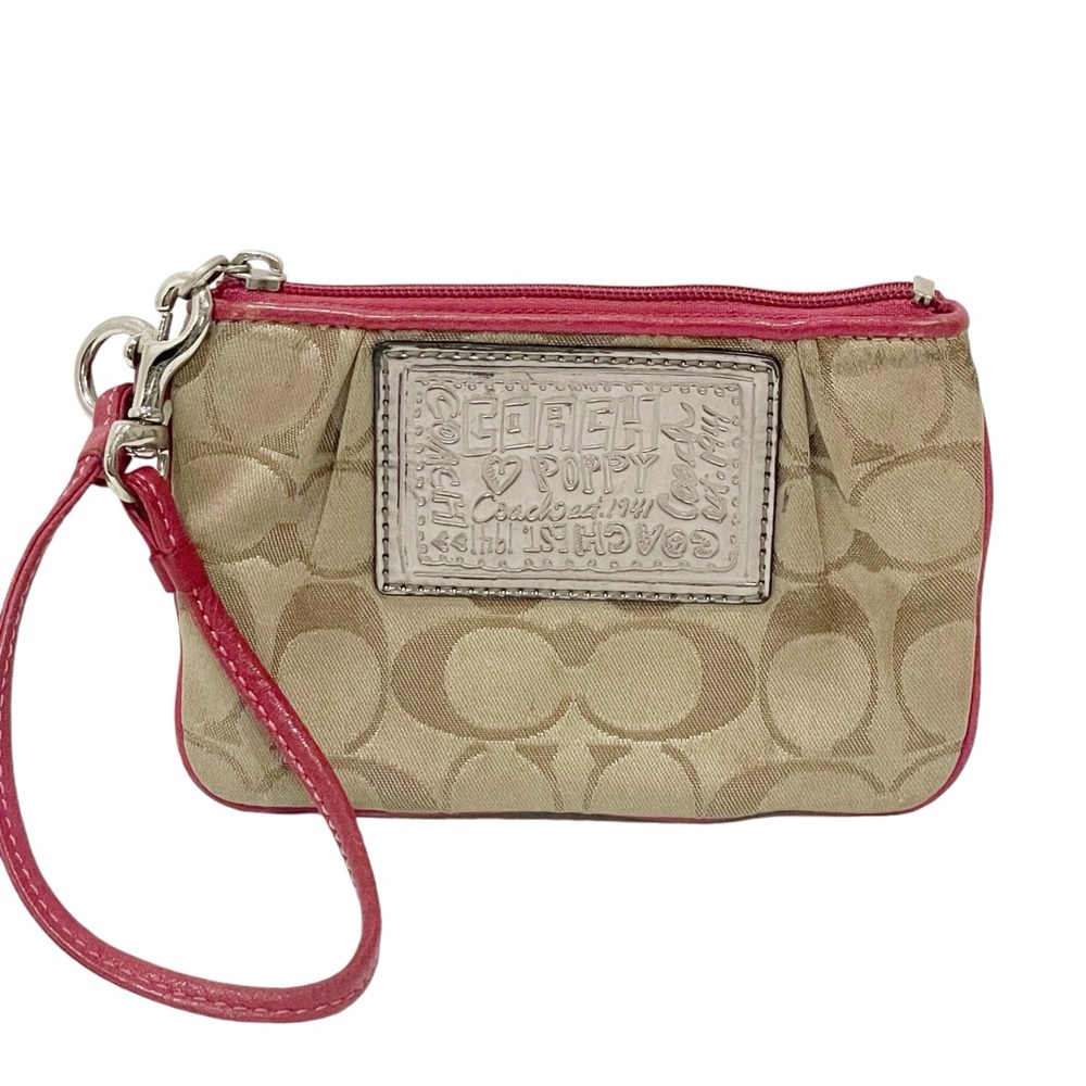 Coach Poppy Jacquard Monogram Signature Small Wristlet Beige Pink Zip Pouch Bag - Picture 1 of 5